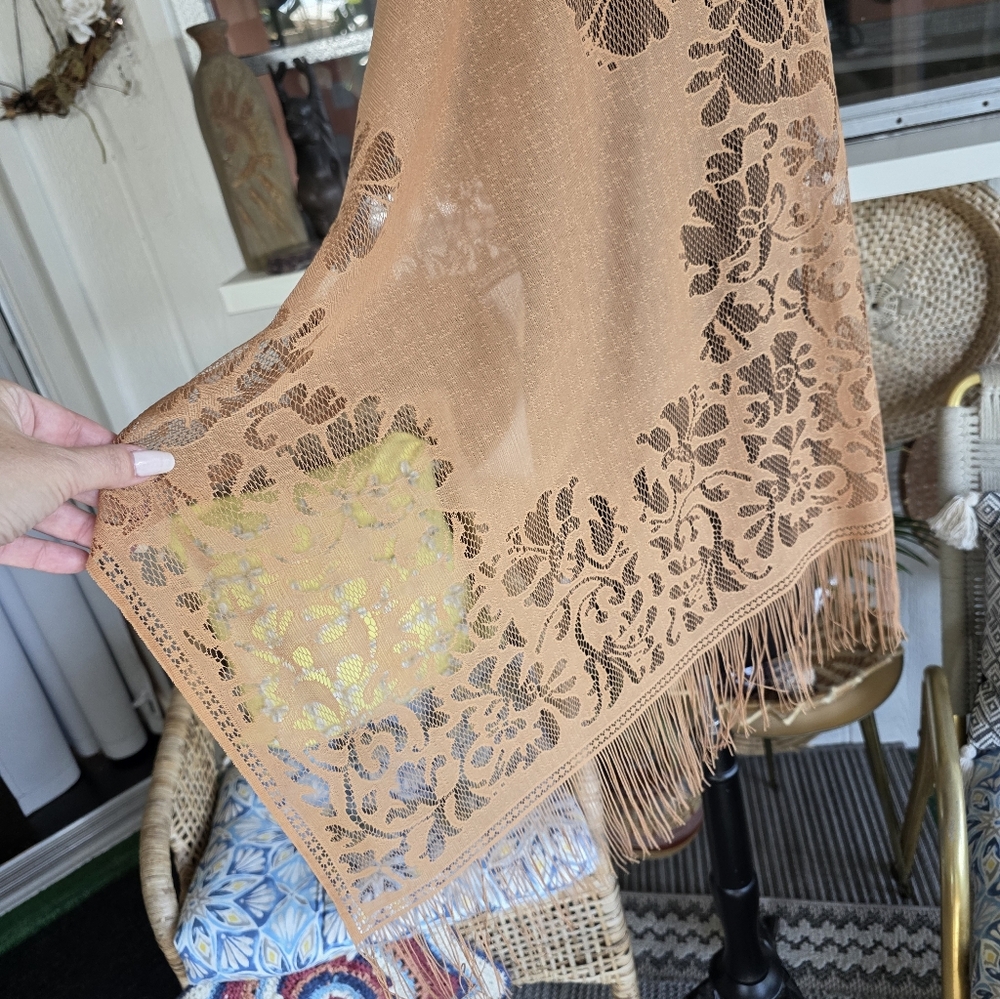 Fringe Wrap Hippie Vintage Tan Floral Lace Scarf Boho Chic Bohemian - Picture 6 of 10